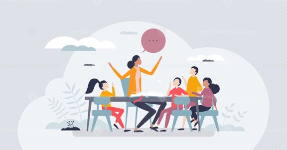 Teacher assistant for school children knowledge teaching tiny person concept