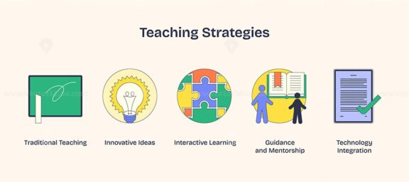 Teaching strategies visual with icons of a chalkboard, lightbulb, and puzzle pieces. Neubrutalism style