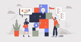 Team building event for partnership boost tiny person neubrutalism concept