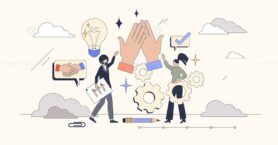 Team collaboration and work partnership tiny person neubrutalism concept