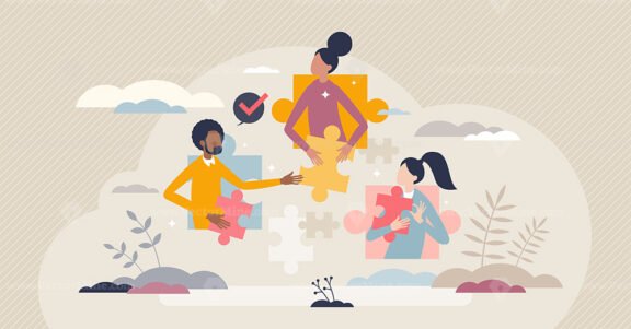 Team cooperation as business partnership or collaboration tiny person concept
