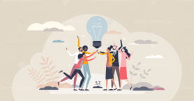 Teamwork creative success and business idea development tiny person concept