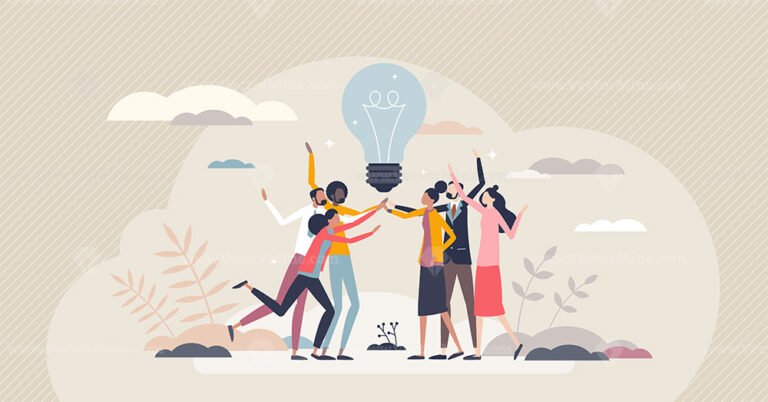 Teamwork creative success and business idea development tiny person concept