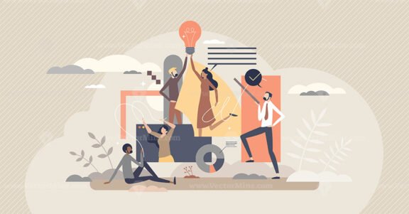 Teamwork creativity and new innovative idea development tiny person concept