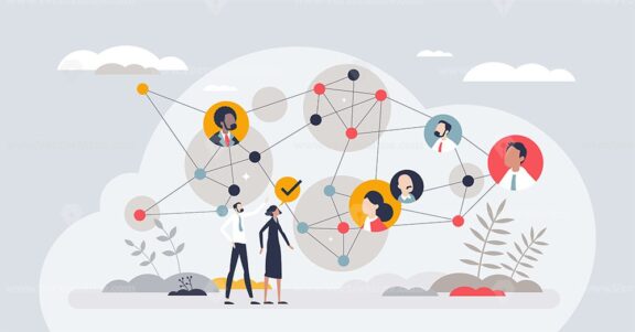 Teamwork with strong connections and business partners tiny person concept