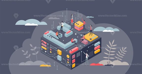 Tech innovation journey and digital systems development tiny person concept