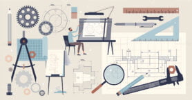 Technical drawing and blueprint draft elements tiny person collection set