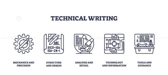 Technical writing involves precision, structure, analysis, technology, and guidance. Outline icons set