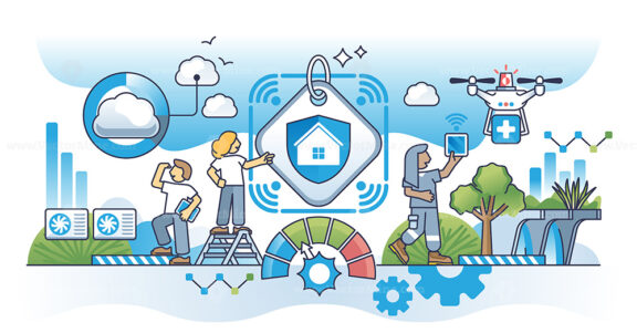 Technological breakthrough in home and medical security outline concept