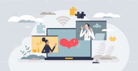 Telehealth services using videocall to talk with doctor tiny person concept