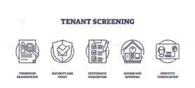 Tenant screening involves thorough checks and verification processes. Key objects, checklist, shield, ID card. Outline icons set.