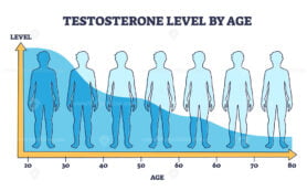 Testosterone level by age and hormone production reduction outline diagram