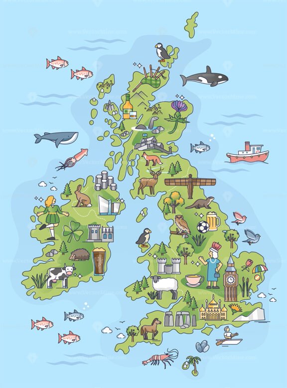 The British Isles and United Kingdom country topography borders outline map