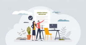 Eco friendly office for company with green principles tiny person concept