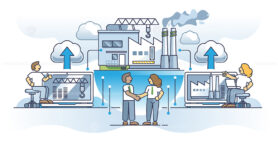 Future of work with merged business companies for development outline concept