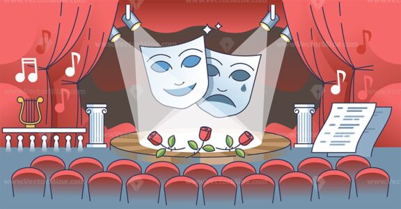 Theater performance with acting show on classical stage outline concept