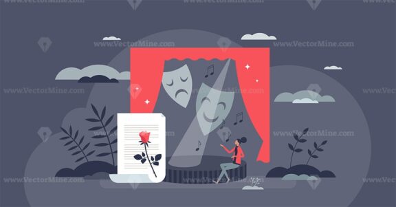 Theater and musical art performance on artistic stage tiny person concept