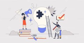 Thought leadership with creative new ideas neubrutalism tiny person concept