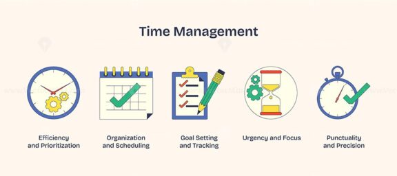 Time management icons depict efficiency, organization, and focus with clock, checklist, and hourglass. Neubrutalism style.
