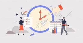 Time management and effective work organization retro tiny person concept