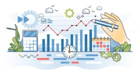 Time series analysis with sequence of data points outline hands concept