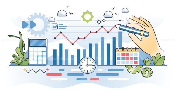 Time series analysis with sequence of data points outline hands concept