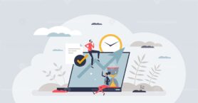 Time tracking and effective working hours management tiny person concept