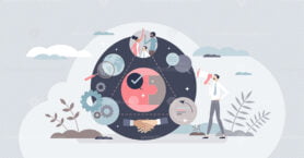 TQM as total quality management system for company growth tiny person concept