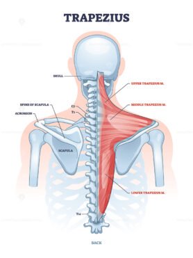 Trapezius muscle and human back spine skeletal structure outline diagram