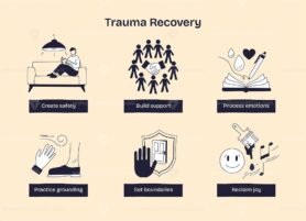 Trauma recovery involves creating safety, building support, and processing emotions, shown with people, shield, and heart. Doodle style diagram
