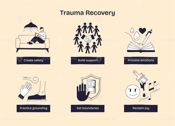 Trauma recovery involves creating safety, building support, and processing emotions, shown with people, shield, and heart. Doodle style diagram