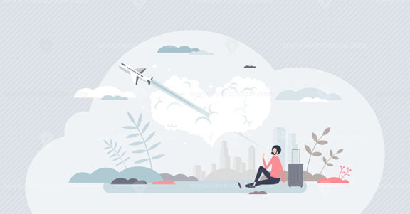 Travel passion or hobby as plane fly through heart cloud tiny person concept
