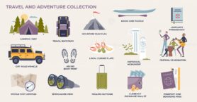 Travel and adventure elements for holiday trips tiny person collection set
