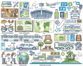 Travel and transportation elements for vacation holidays outline collection
