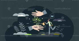 Tree planting activity and ecological plant growth tiny person concept
