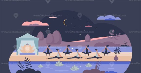 Twilight tranquility session with yoga or meditation tiny person concept