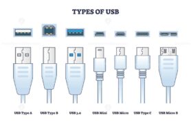 USB types diagram shows connectors like Type A, Type B, and USB-C. Outline diagram.