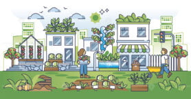 Urban agriculture with food harvest in city environment outline concept