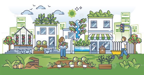 Urban agriculture with food harvest in city environment outline concept