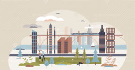 Urban ecology and sustainable city scene with tree park tiny person concept
