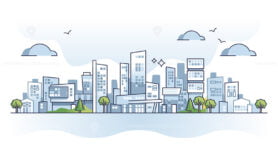 Urban landscape and modern city houses environment scene outline concept