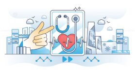 Urgent care EMR or electric medical records database outline hands concept