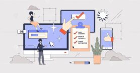User experience or UX best website practices tiny person neubrutalism concept