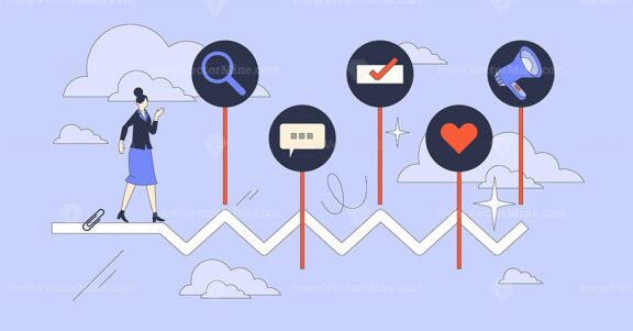 User journey mapping for software usage tiny person neubrutalism concept