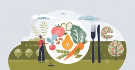 Veganism and plant based diets for vegetarian lifestyle tiny person concept
