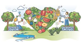 Vegetables and fruits in shape of heart as healthy diet outline concept