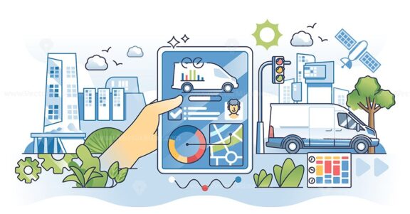 Vehicle telematics and smart communication system outline hands concept