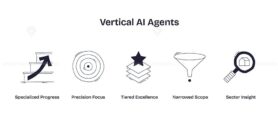 Vertical AI Agents concept with icons of stairs, target, star layers, funnel, and magnifying glass, representing specialization and focus. Doodle style icons