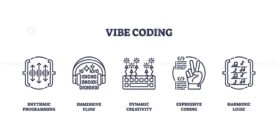 Vibe coding concept with rhythmic programming, immersive flow, and dynamic creativity. Outline icons set.