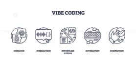 Vibe Coding icons depict coding guidance, interaction, and automation. Outline icons set